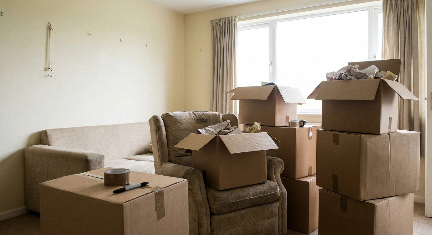 Half-packed living room with small cardboard boxes and an armchair in daylight