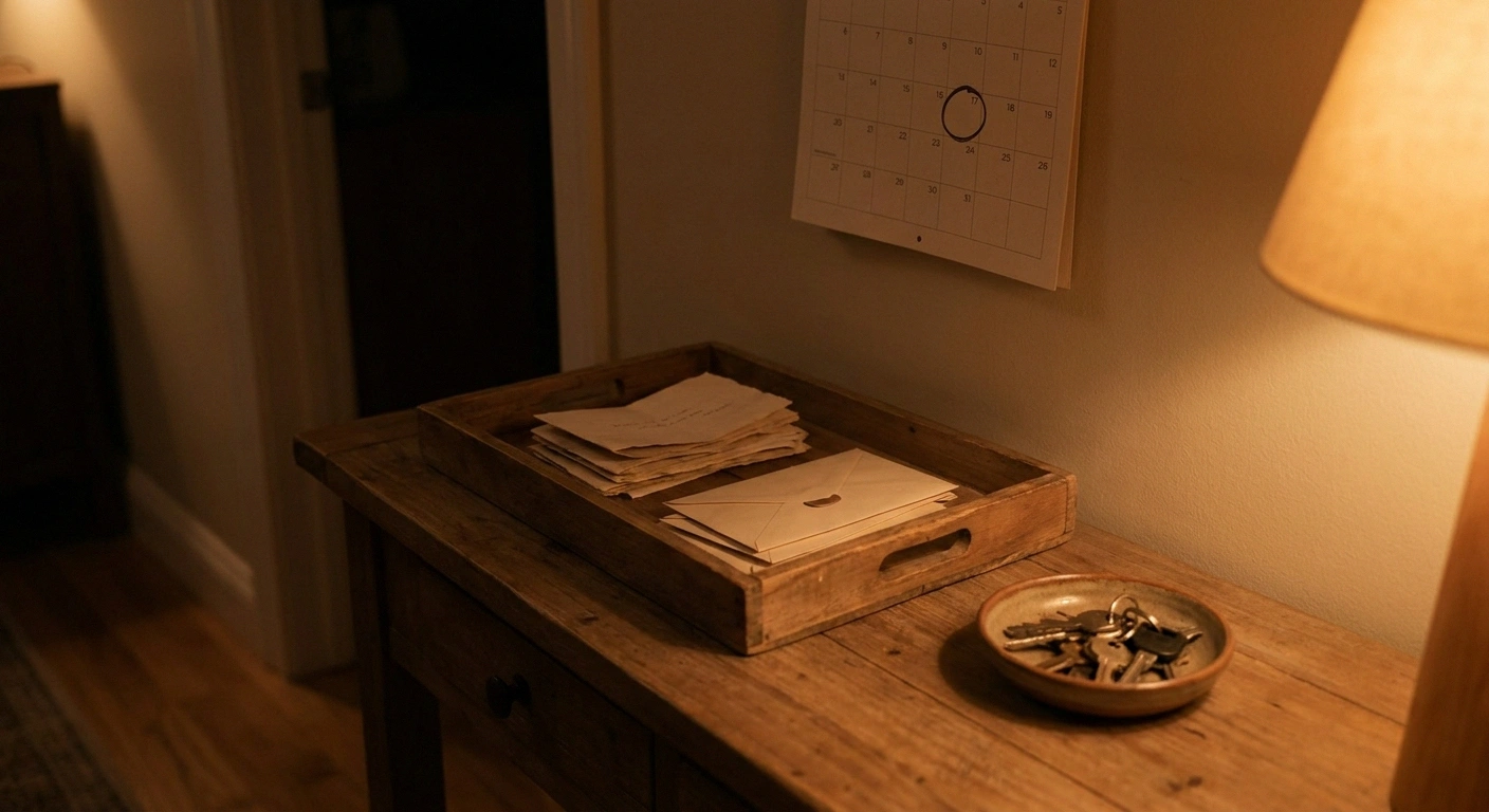 Wooden desk tray collecting medical mail below a wall calendar