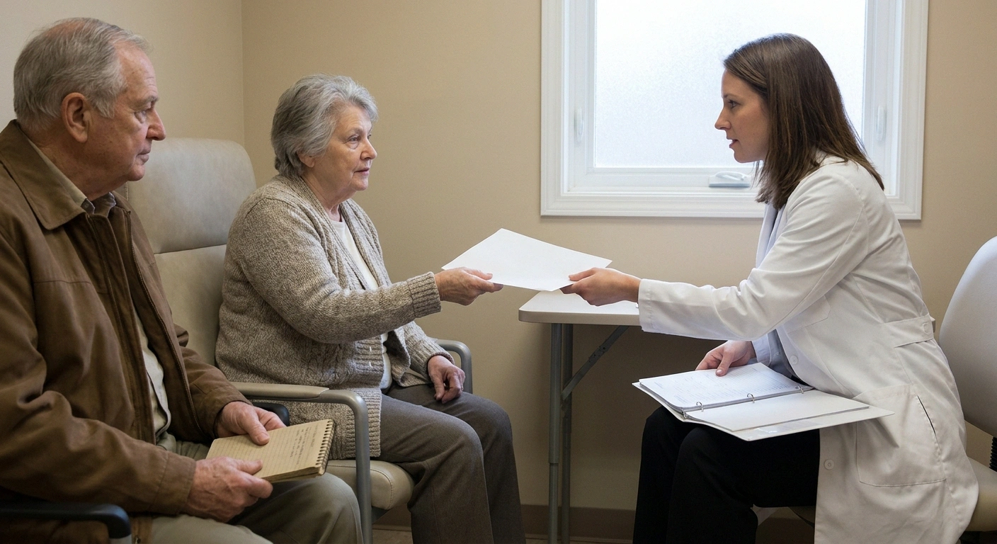 Older woman handing her one-page medical summary to a neurologist