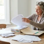 Older woman sorting medical papers into a tabbed binder at her dining table