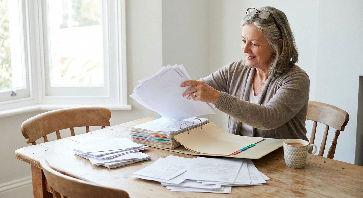 Older woman sorting medical papers into a tabbed binder at her dining table