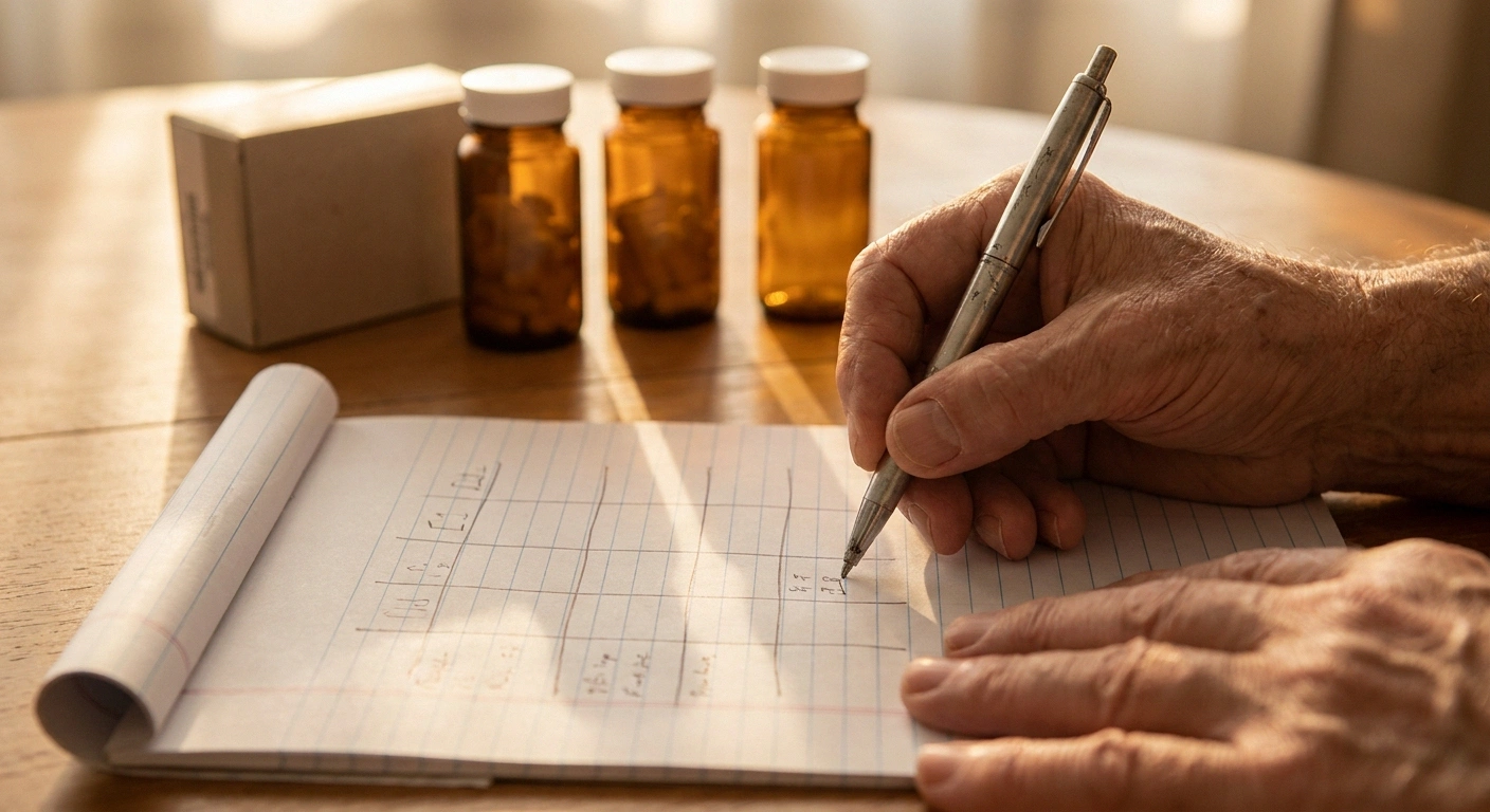 Hands writing a medication history beside a row of pill bottles