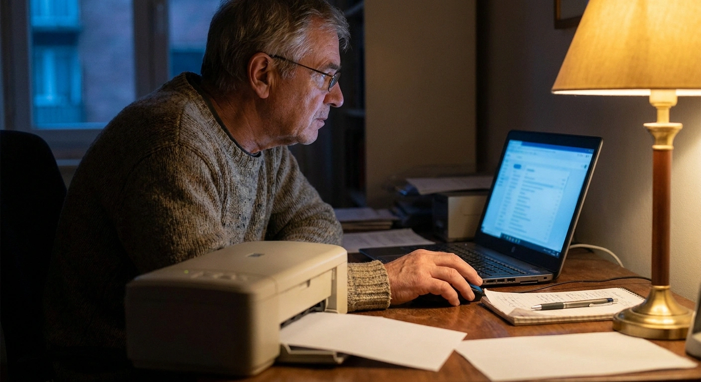 Older man downloading test results from a patient portal on his laptop