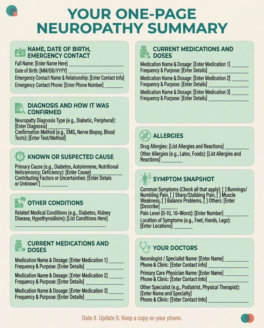Template showing the sections of a one-page neuropathy medical summary