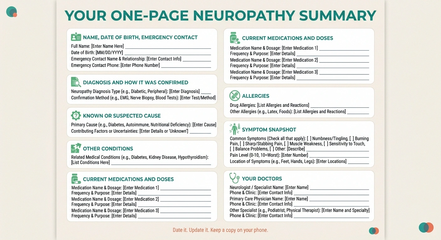 Template showing the sections of a one-page neuropathy medical summary