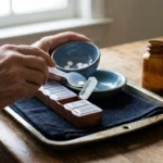 Older hands filling a weekly pill organizer over a tray lined with a dark towel