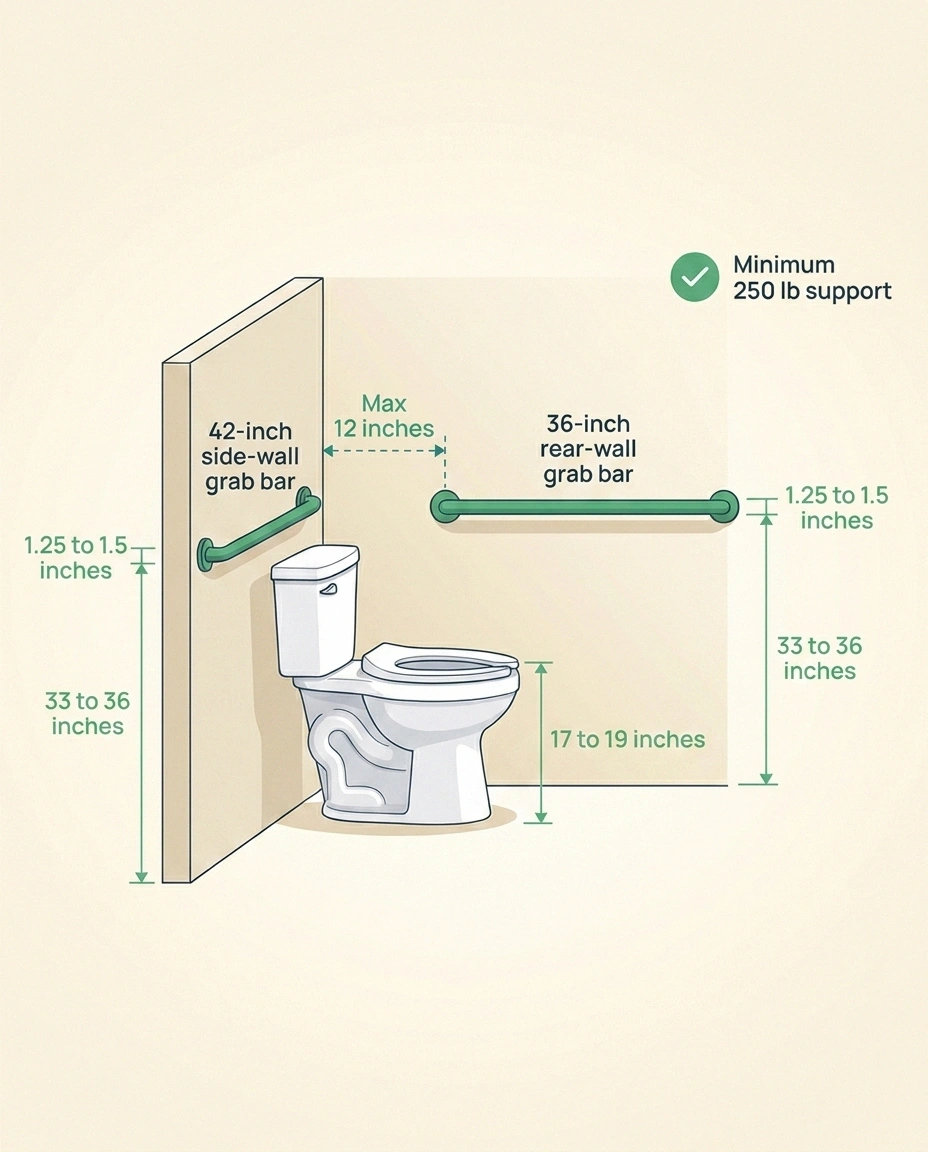 Side-view diagram of an ADA-compliant restroom stall showing grab bar lengths, heights, and toilet seat dimensions.
