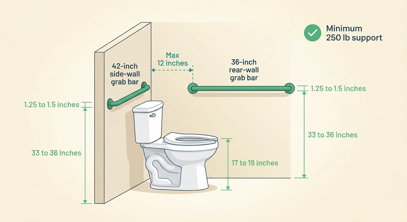 Side-view diagram of an ADA-compliant restroom stall showing grab bar lengths, heights, and toilet seat dimensions.