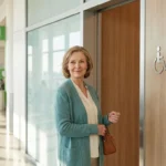 Woman in her 60s standing calmly outside a clean public restroom door in mid-day light, quietly confident.
