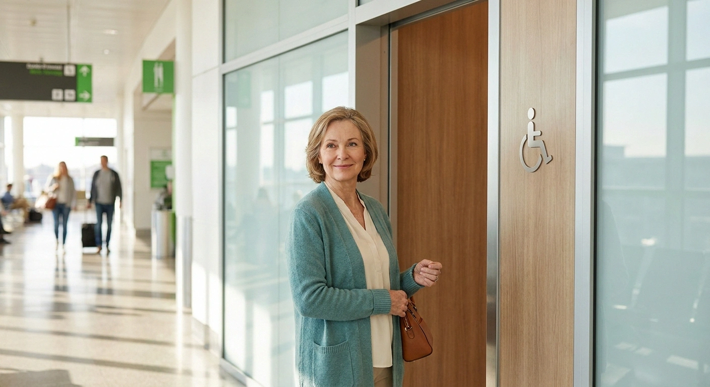 Woman in her 60s standing calmly outside a clean public restroom door in mid-day light, quietly confident.