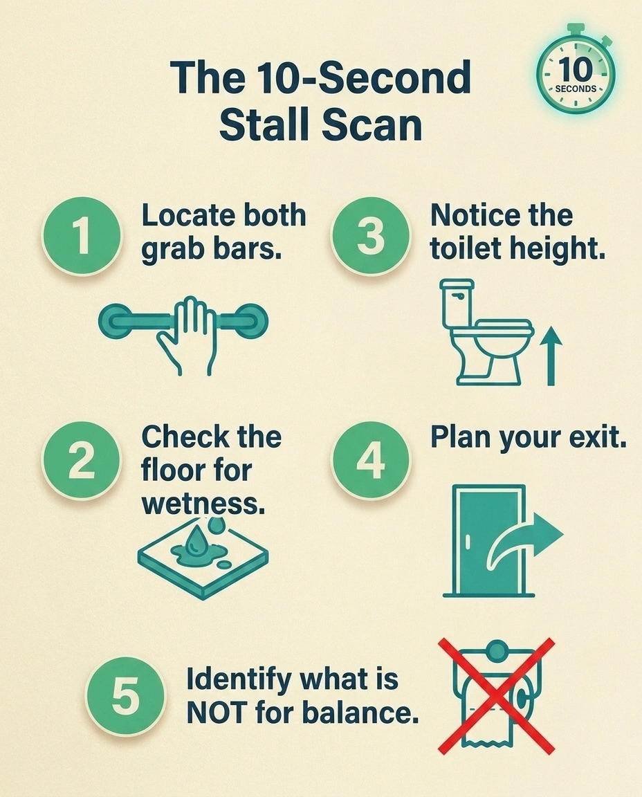Five-step checklist visual of the 10-second stall scan with icons for grab bars, floor, toilet height, exit, and unsafe holds.