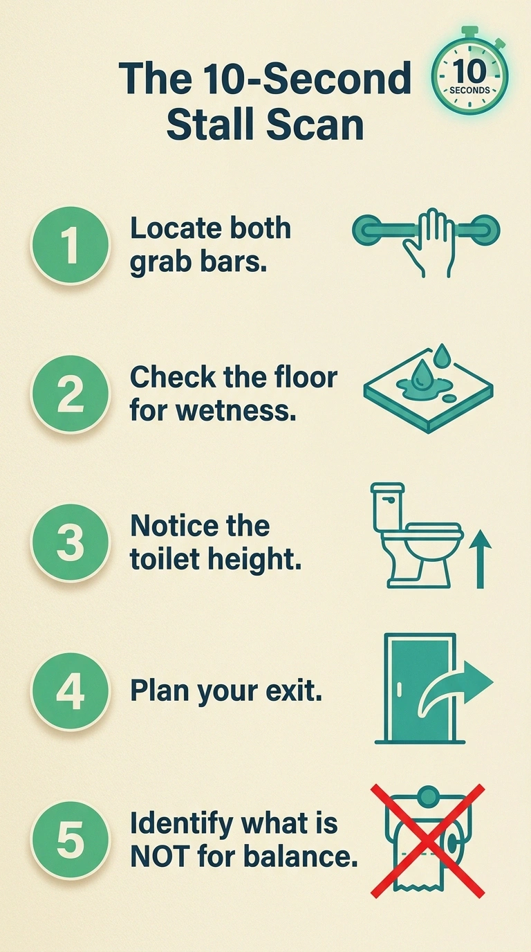 Five-step checklist visual of the 10-second stall scan with icons for grab bars, floor, toilet height, exit, and unsafe holds.