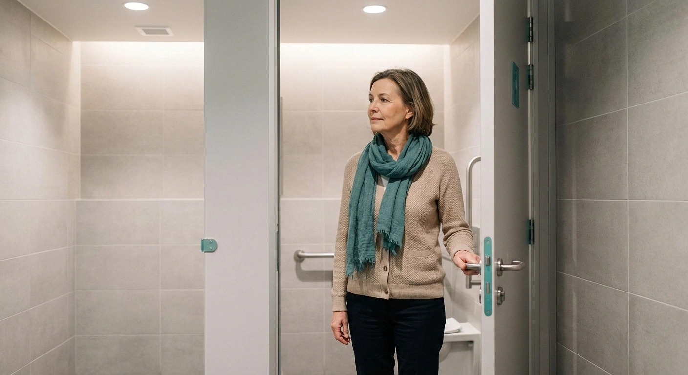 Woman in her 60s standing in an accessible restroom stall doorway, calmly scanning the grab bars and floor before entering.