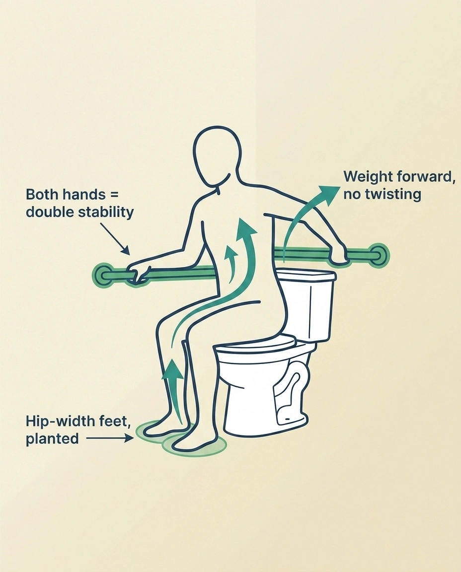 Diagram of the correct two-handed grab bar technique with both hands on bars, feet hip-width, weight forward over knees.