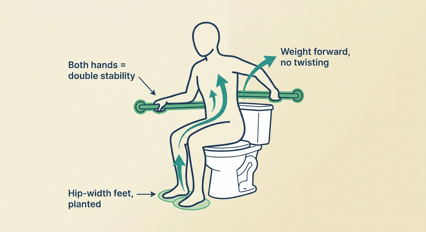 Diagram of the correct two-handed grab bar technique with both hands on bars, feet hip-width, weight forward over knees.