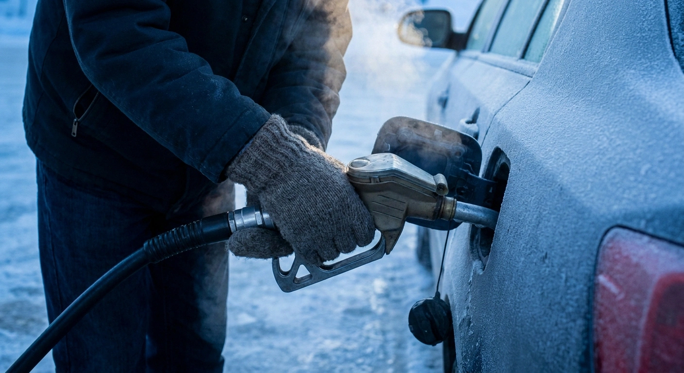 Gloved hands gripping a fuel nozzle on a frosty morning