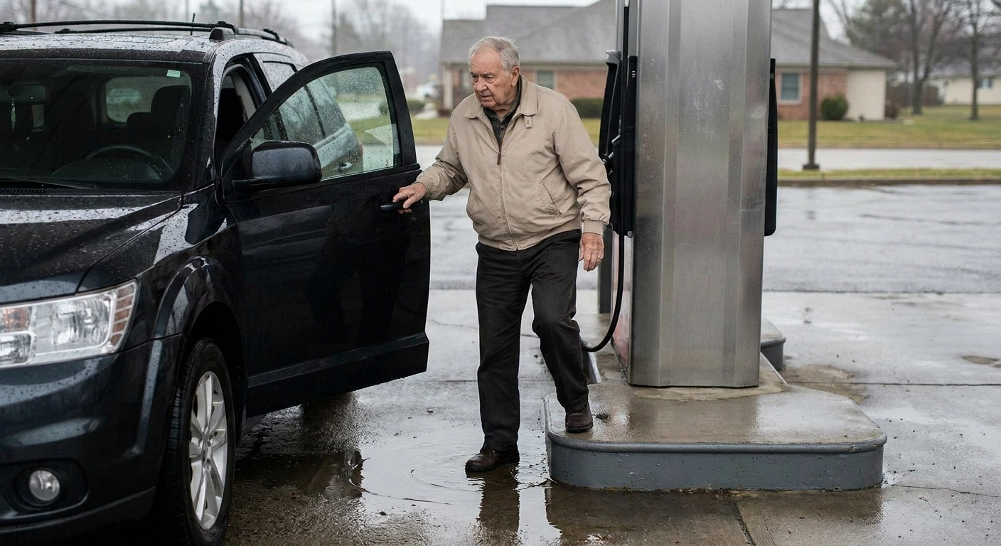 Older man stepping off a pump island while holding the car door