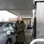 Older woman in gloves holding a fuel nozzle at a gas pump