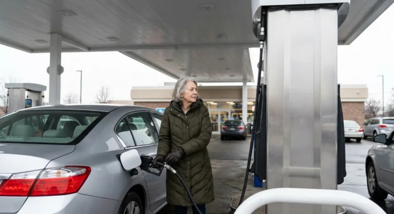 Older woman in gloves holding a fuel nozzle at a gas pump