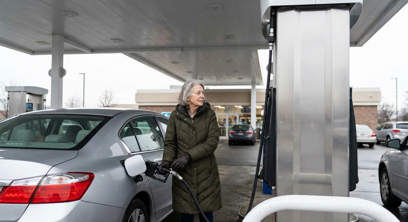 Older woman in gloves holding a fuel nozzle at a gas pump