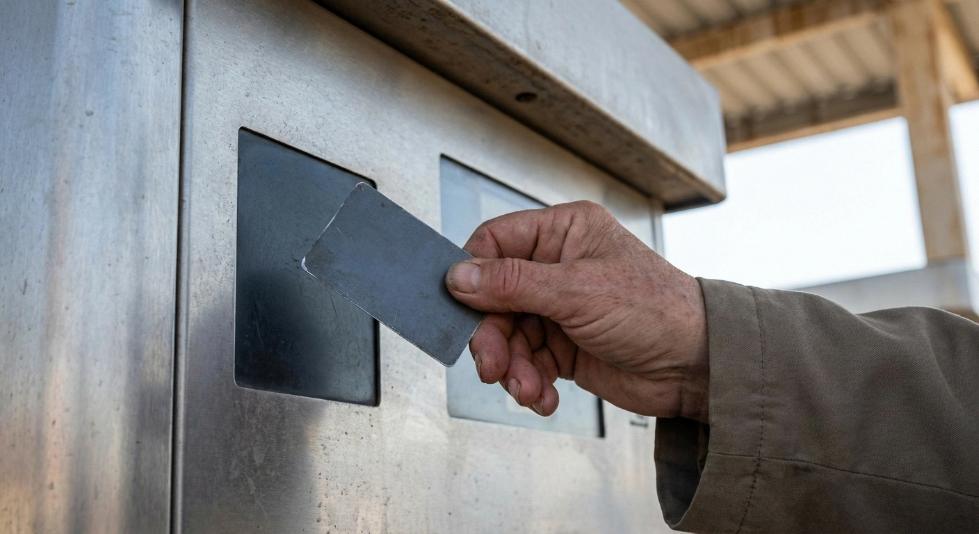 Hand holding a payment card near a fuel pump card reader