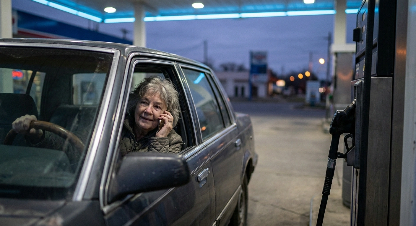Older woman in her parked car making a phone call at a gas pump