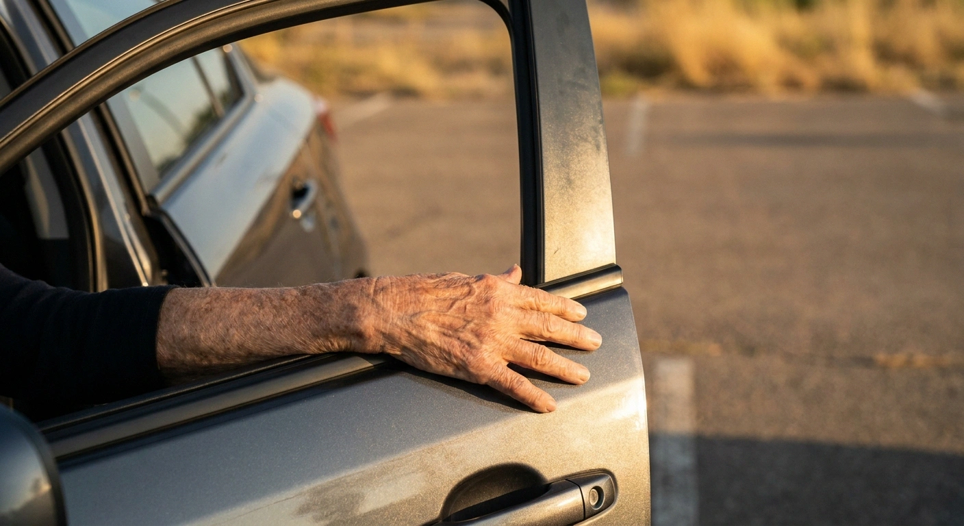 Bare hand resting on the metal door frame of a car