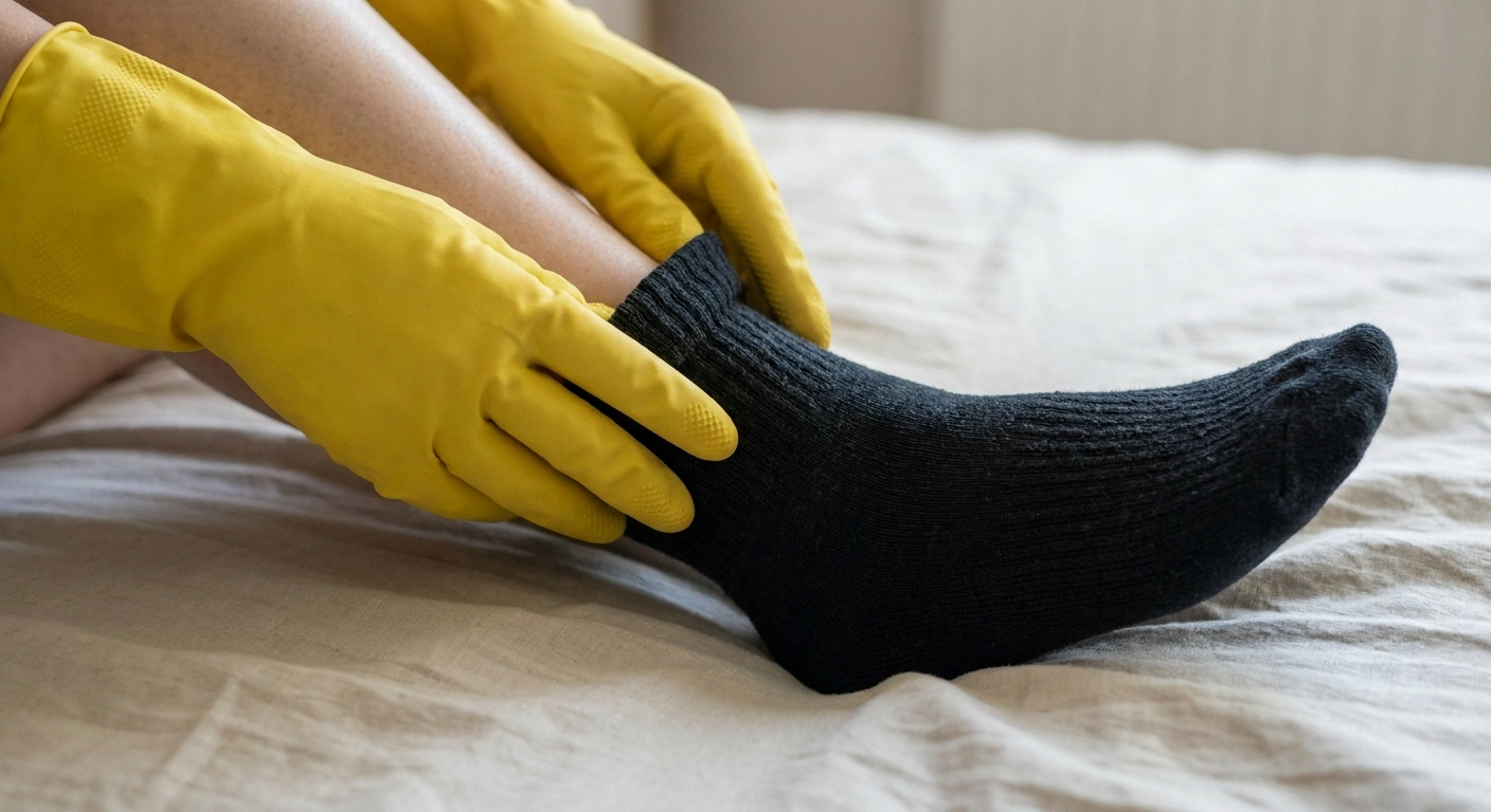 Hands in yellow rubber gloves smoothing a compression sock up a lower leg