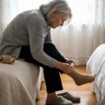 Older woman on a bed edge working a compression sock onto her foot
