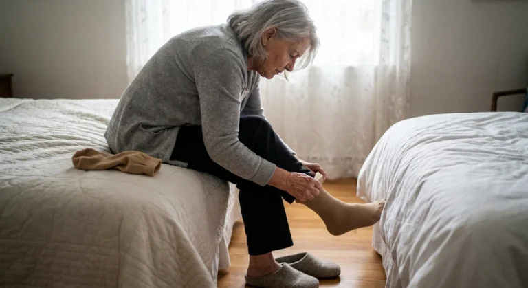 Older woman on a bed edge working a compression sock onto her foot