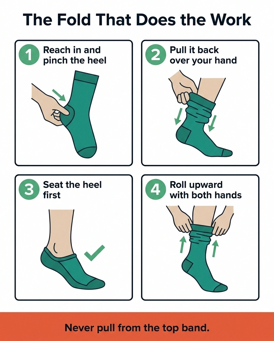 Four-panel sequence showing the inside-out method for putting on compression socks