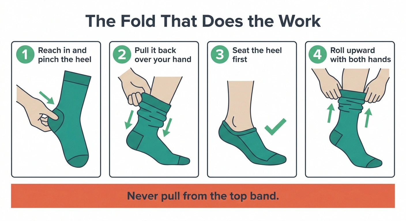 Four-panel sequence showing the inside-out method for putting on compression socks
