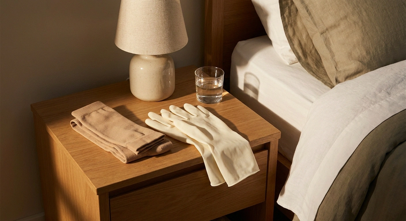 Compression socks and rubber gloves laid out on a nightstand in morning light