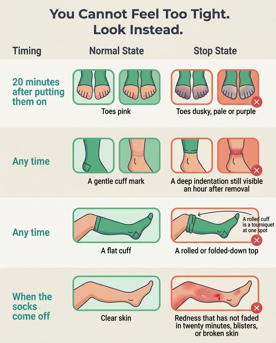 Checklist comparing normal and stop states for toe colour, cuff marks and skin