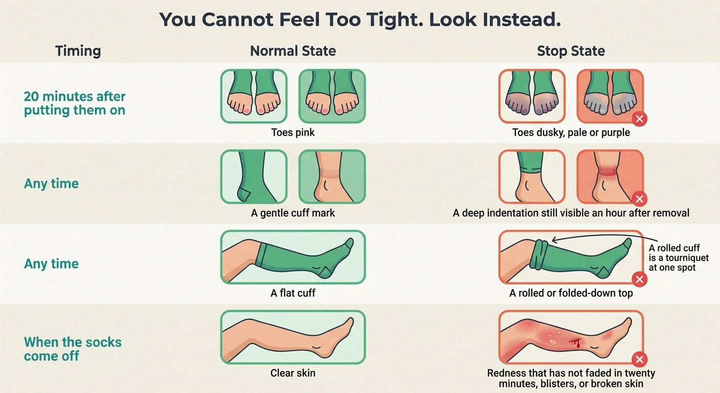 Checklist comparing normal and stop states for toe colour, cuff marks and skin