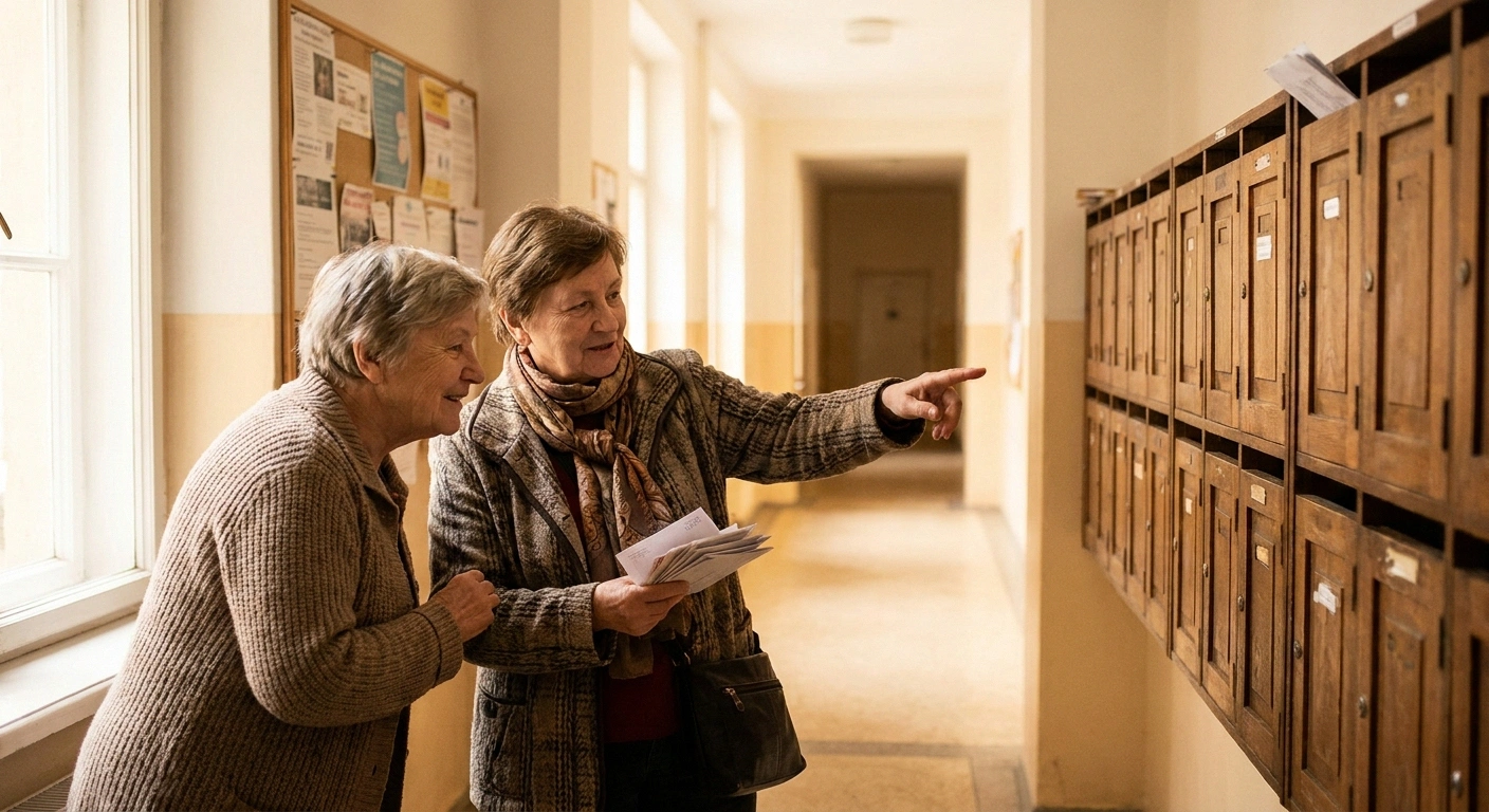 Two residents talking in a communal mailroom, one gesturing down a hallway