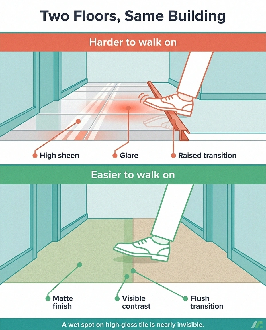 Comparison of a glossy corridor floor with glare and a raised strip against a matte flush floor