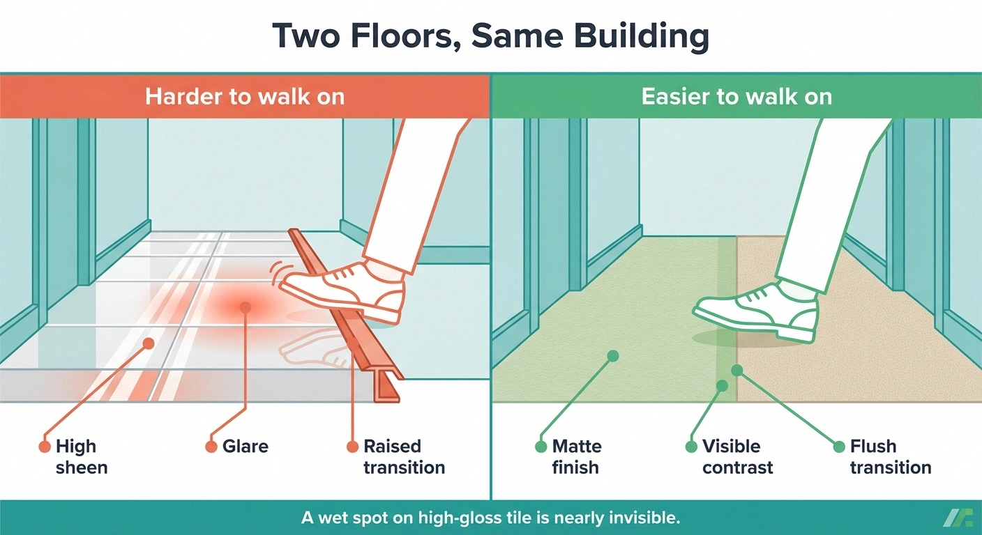 Comparison of a glossy corridor floor with glare and a raised strip against a matte flush floor