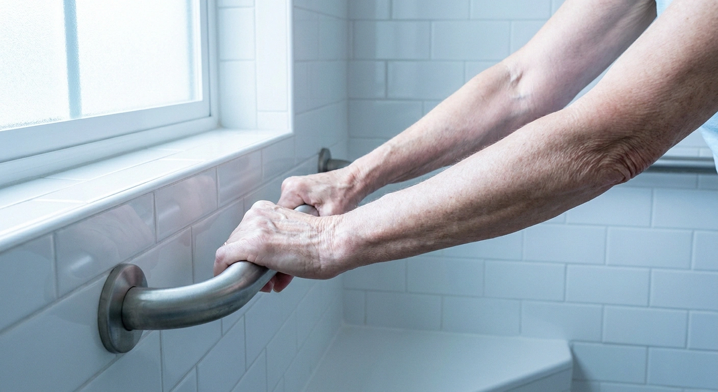 Hands pulling firmly on a shower grab bar to test how securely it is anchored