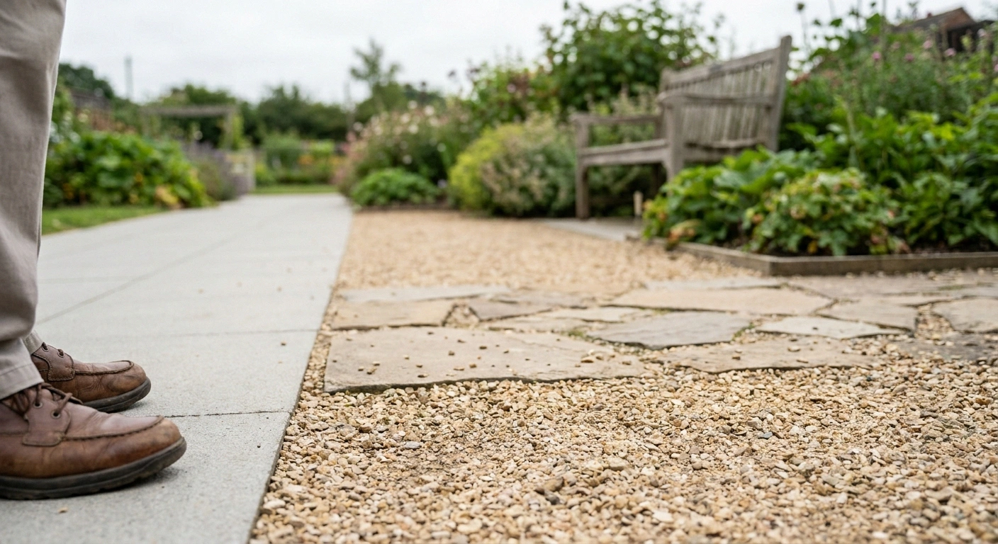 Garden path where smooth paving meets uneven gravel and flagstones