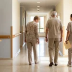 Older couple touring a retirement community corridor with a staff member