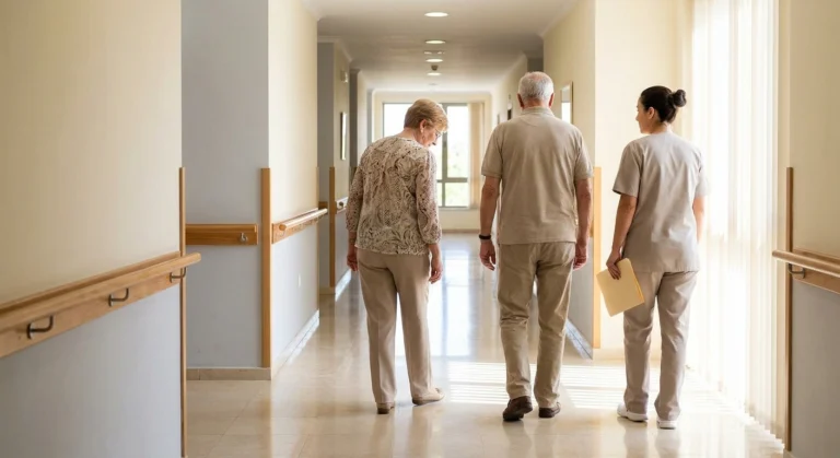 Older couple touring a retirement community corridor with a staff member