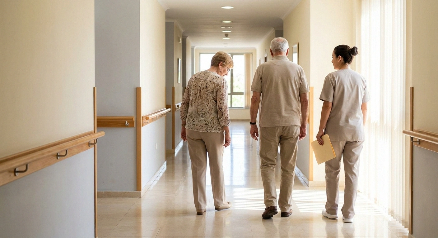 Older couple touring a retirement community corridor with a staff member