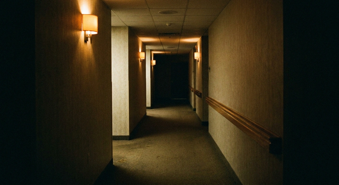 Retirement community corridor at night with dimmed lighting and dark stretches between sconces
