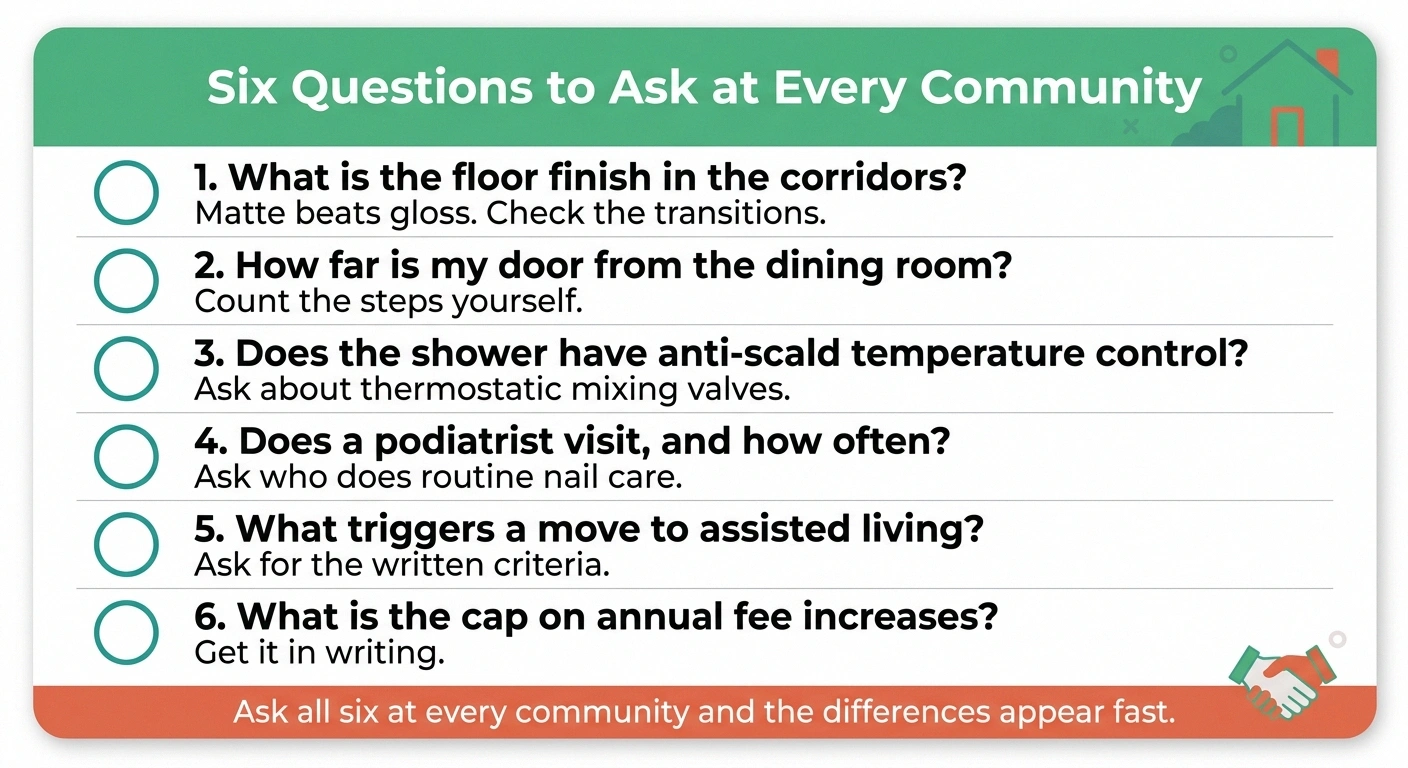 Checklist of six questions to ask when touring a retirement community