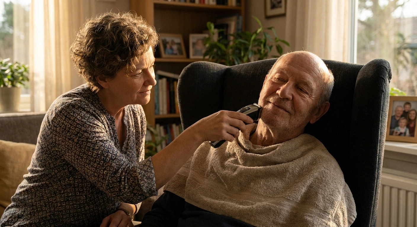 Daughter gently shaving her elderly father's face with an electric shaver