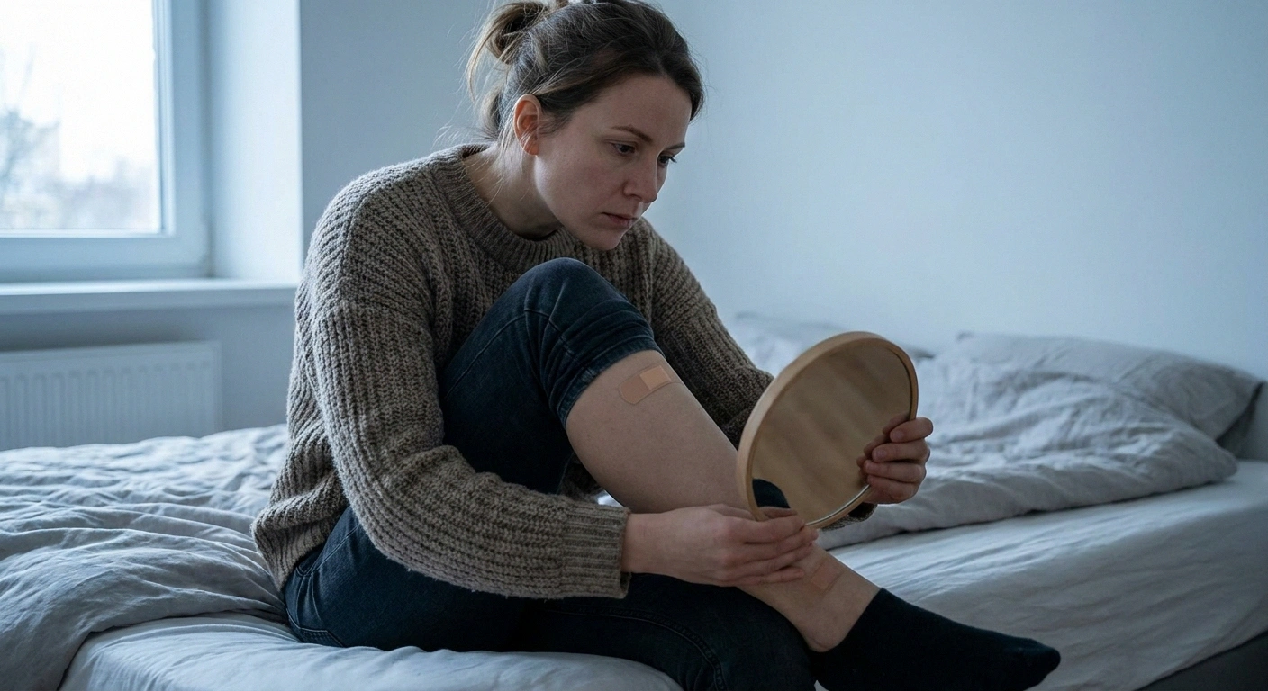 Woman examining her lower leg with a hand mirror after shaving
