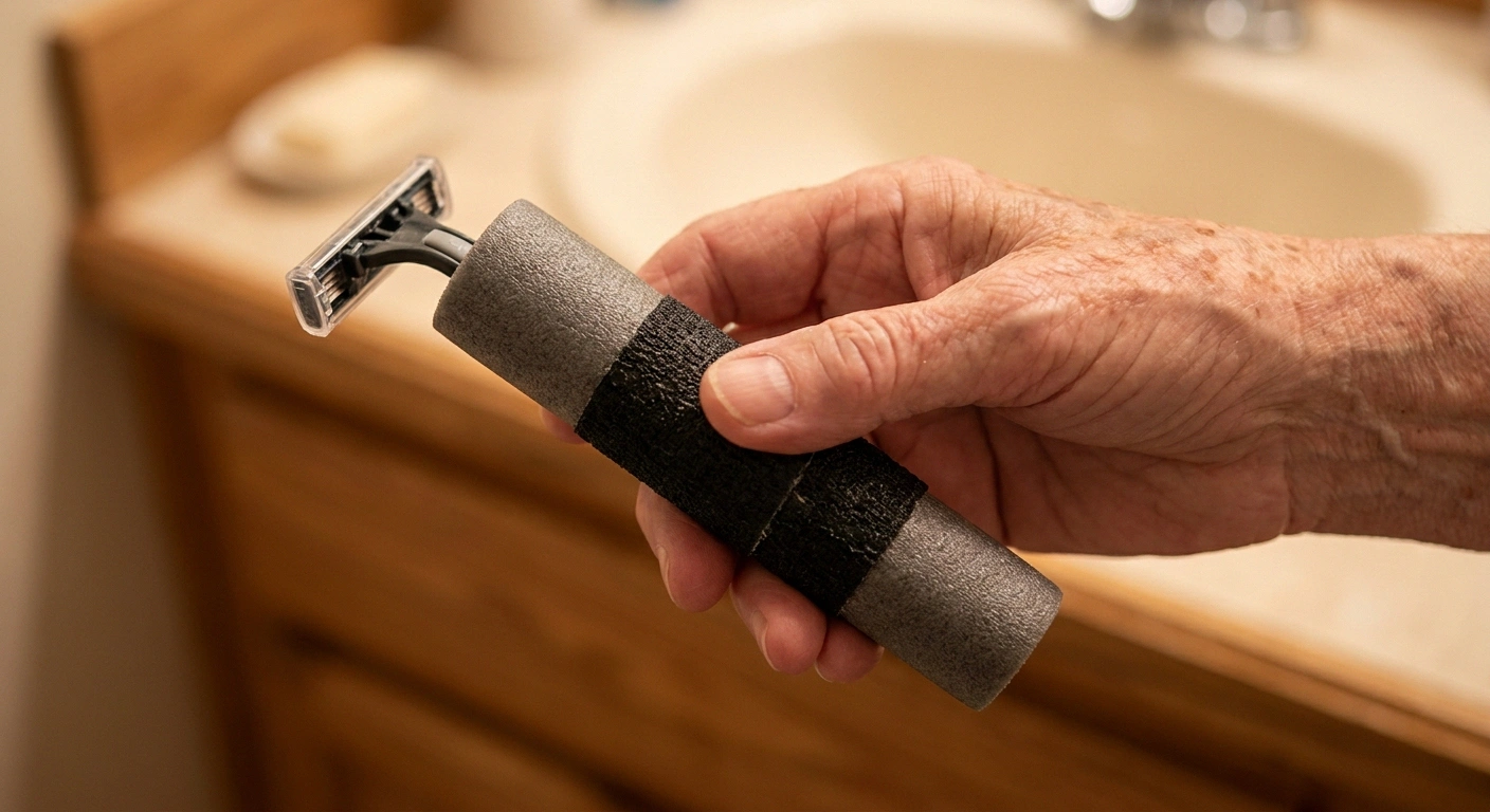 Older hand holding a razor with a foam-thickened handle