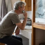 Older man seated at a sink shaving with an electric shaver, elbow braced