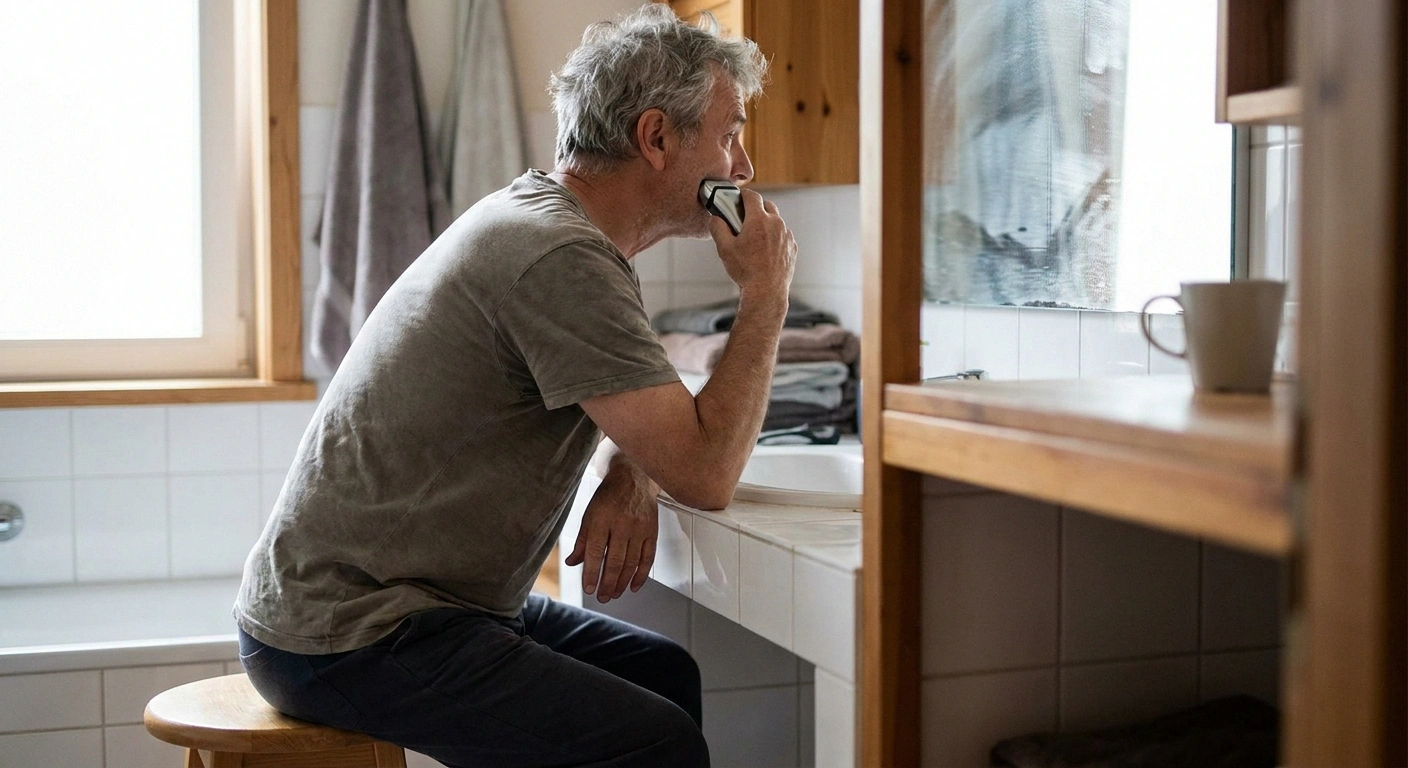 Older man seated at a sink shaving with an electric shaver, elbow braced